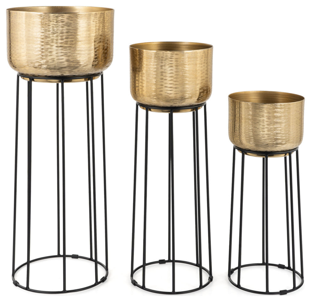 Thallo Gold Metal Floor Planters, Set of 3