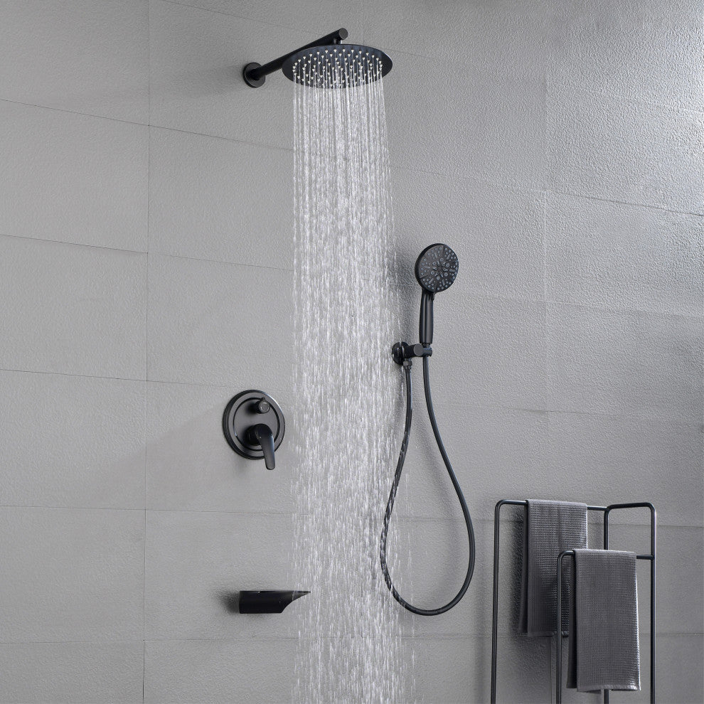 Waterfall Tub Spout Shower System, Handheld Shower Head, Matte Black