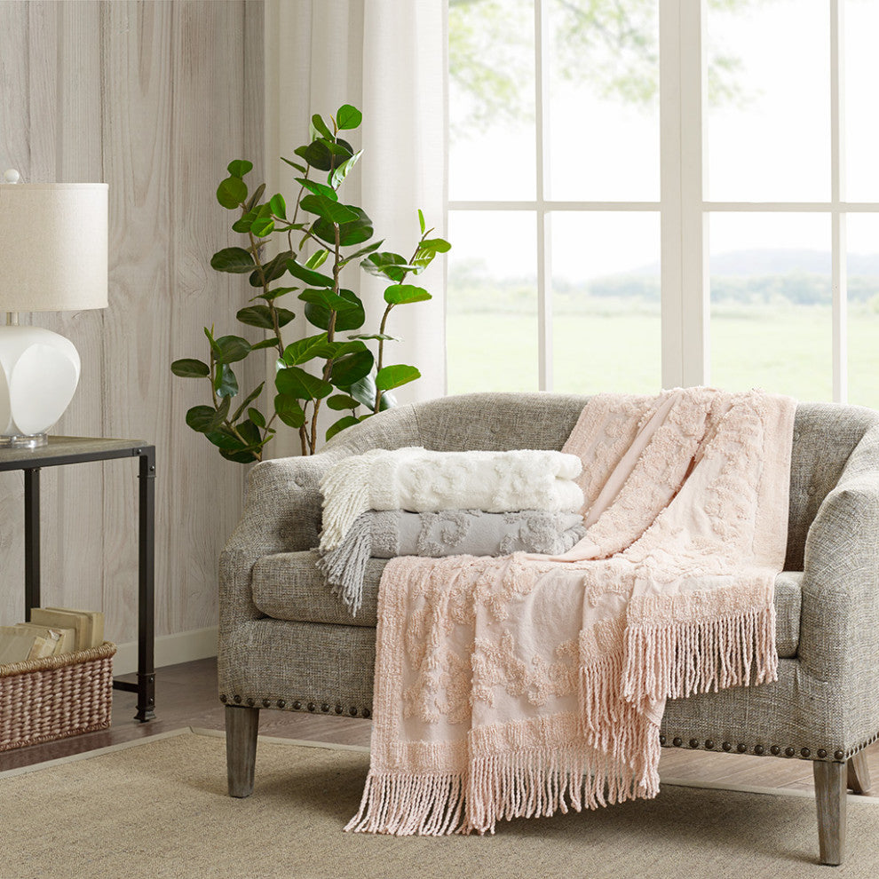 Madison Park Chloe Fringed Tufted Throw Blanket, Boho Pattern, Pink