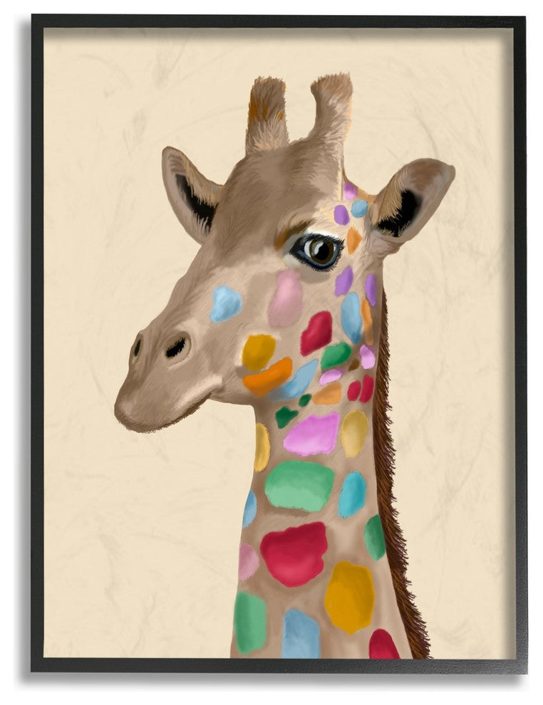 Giraffe With Rainbow Colored Spots Illustration Framed Giclee Art, 16"x20"