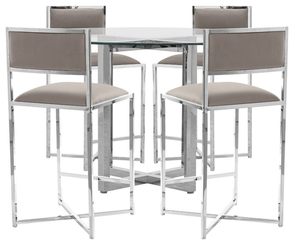 Modus Amalfi 5PC 54" Round Counter Glass Tbl & 4 X-Base Stool Set-Taupe
