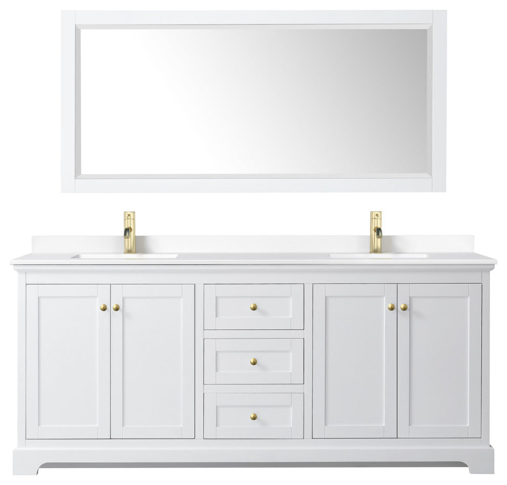 80"DBL Bath Vanity, White, White Cult. Marble Countertop, Sinks, Gold Trim