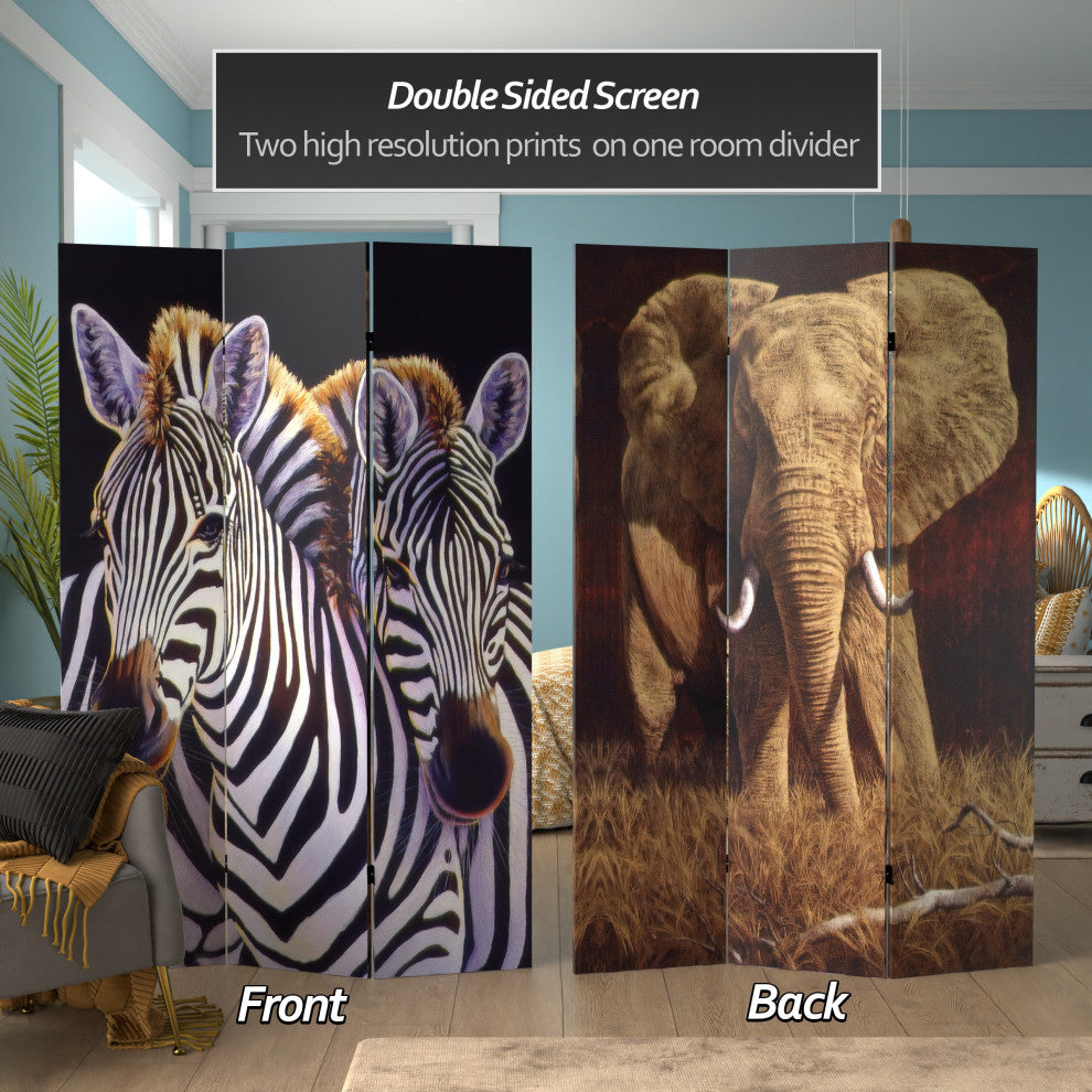 6' Tall Double Sided Elephant and Zebra Canvas Room Divider
