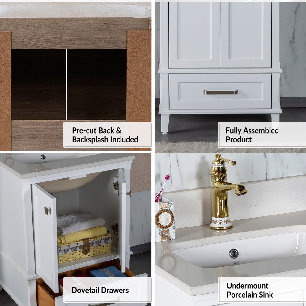 Nera Collection 48" Bath Vanity Quartz Top and Ceramic Sink, White, 48"
