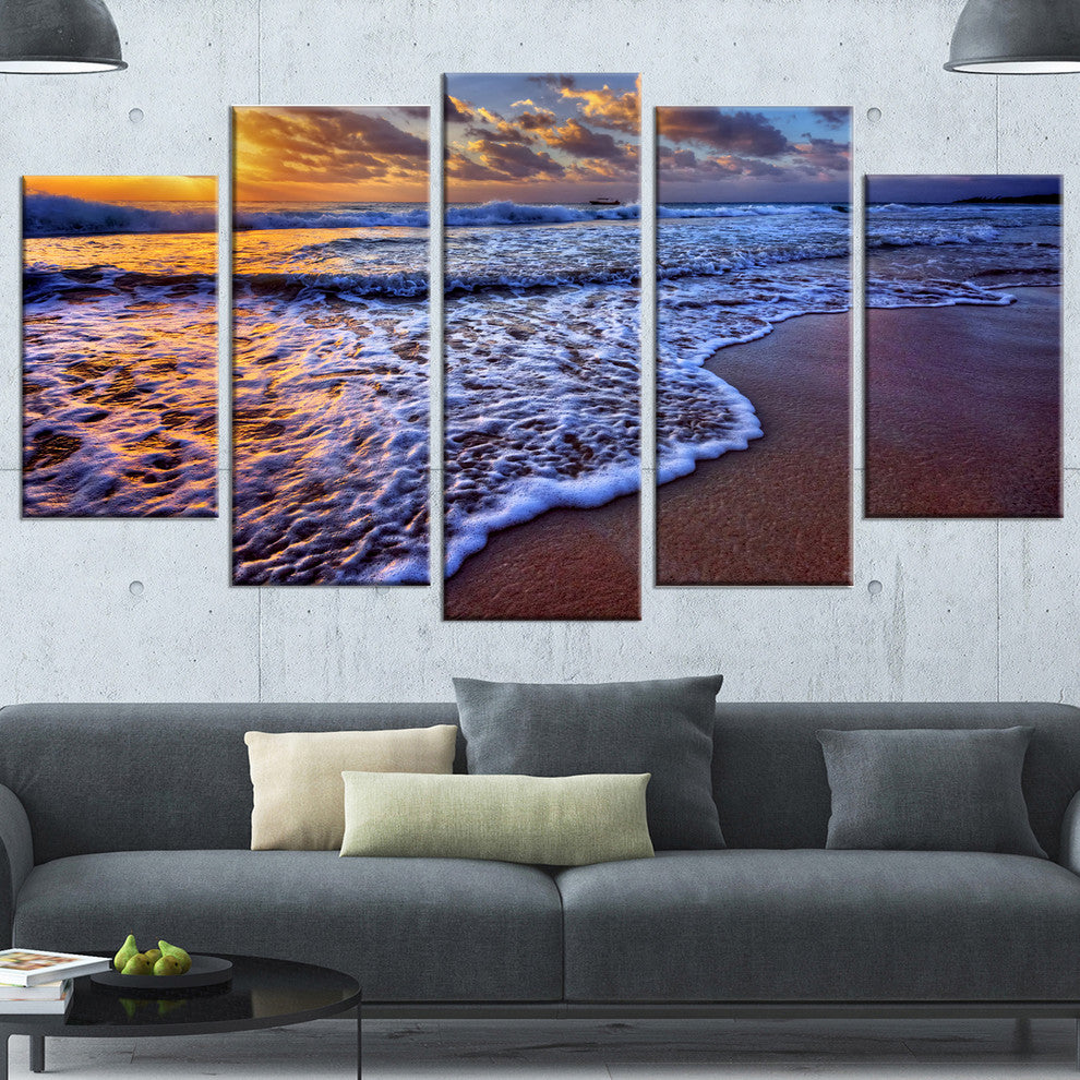 Sunset over Blue Sea Waves, Large Seashore Canvas Art Print, 60"x32", 5 Panels