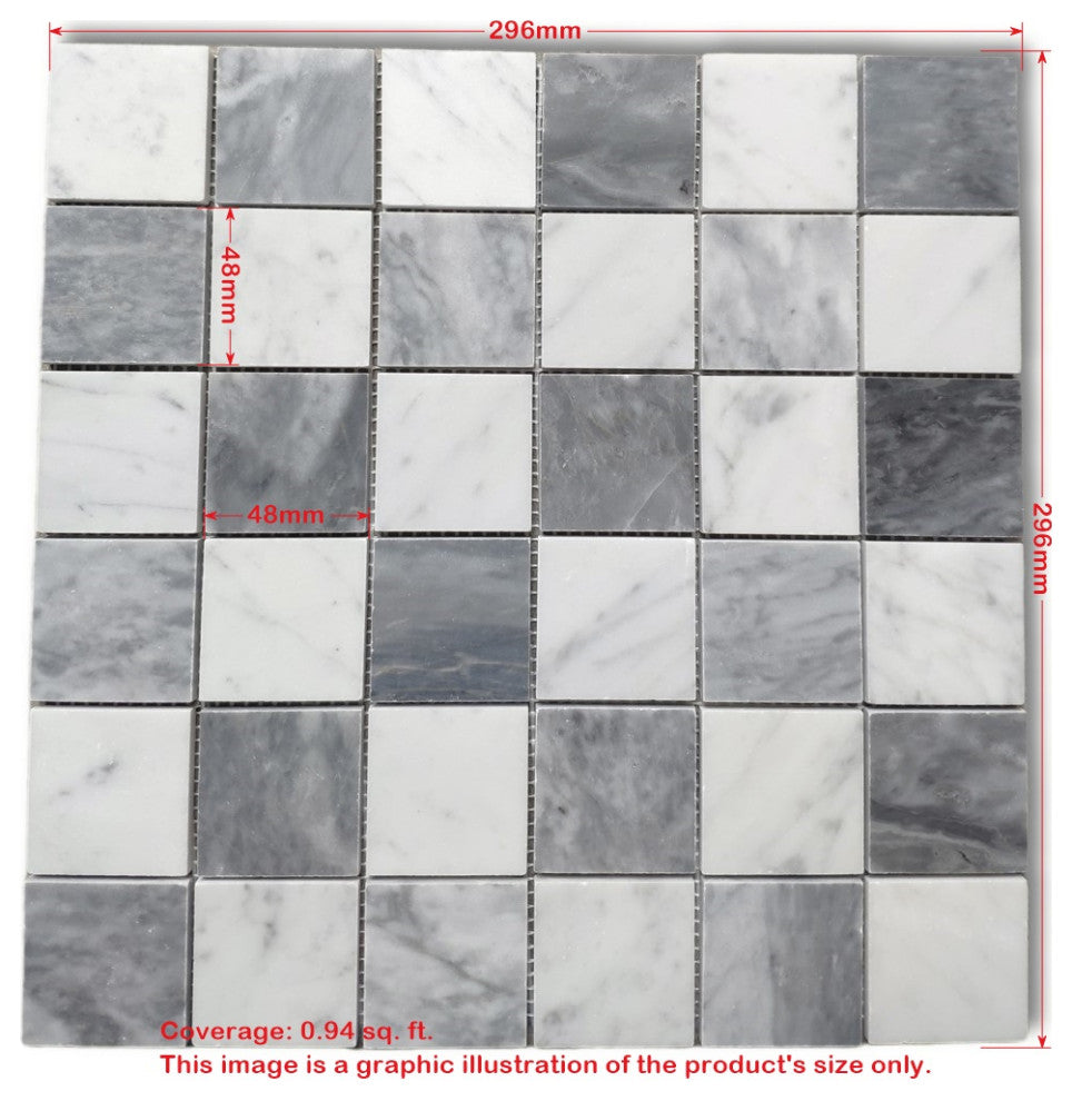 Carrara White Bardiglio Gray Marble Checkerboard Mosaic Tile Polished, 1 sheet