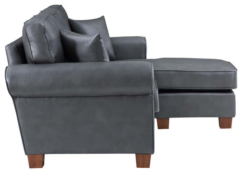Rylee Rolled Arm Sectional, Pewter Faux Leather With Pillows and Coffee Legs