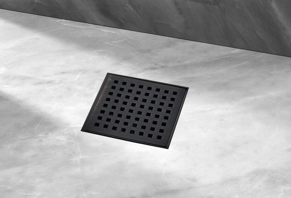 HEATGENE Square Shower Drain With Flat Cover and Base Flange, Venetian Bronze, 6