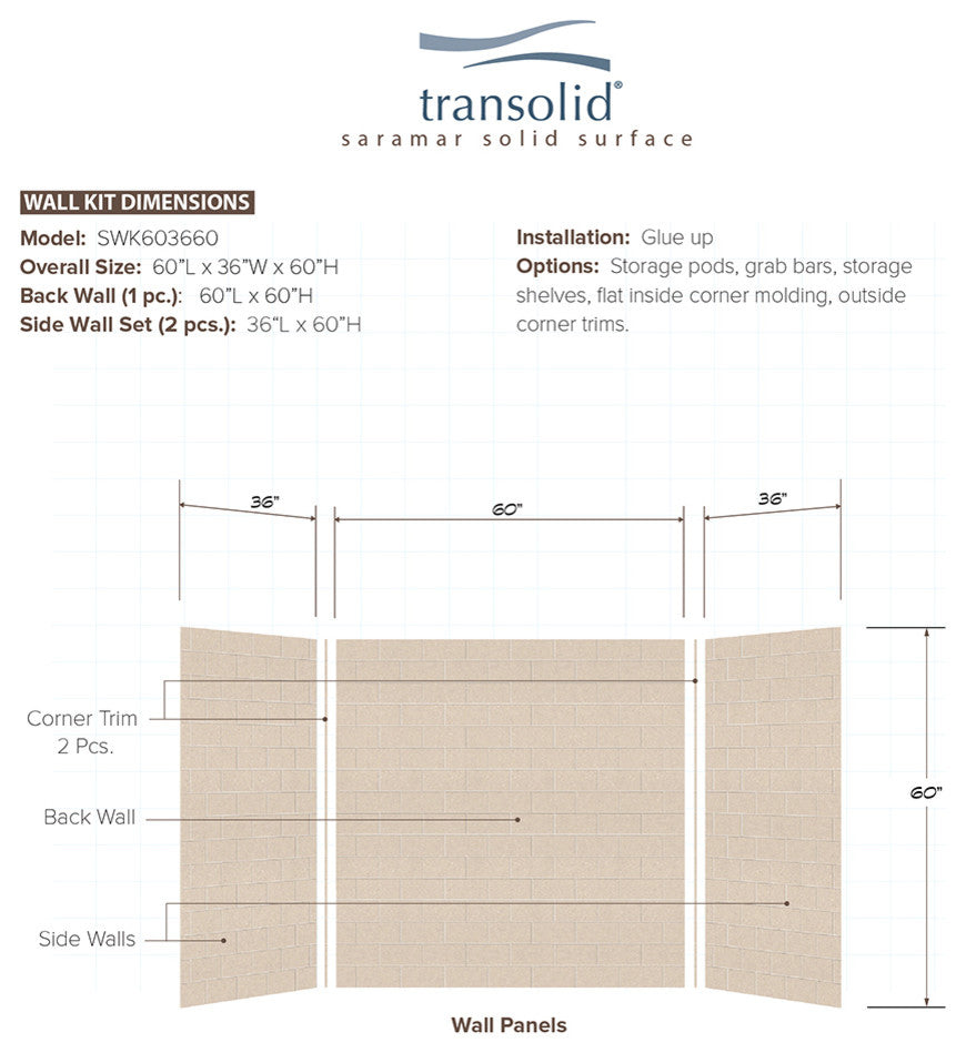 Transolid SaraMar 36in X 60in X 60in Glue to Wall 3-Piece Tub Wall Kit, Cashew