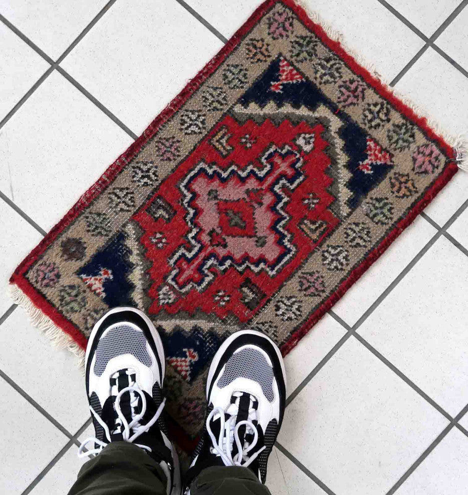 Handmade Vintage Persian Hamadan Mat 1.2'x1.9', 38cmx59cm 1970s