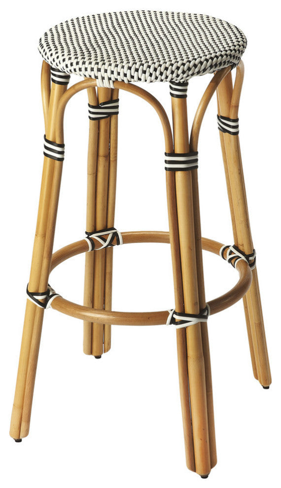 Tobias Rattan Bar Stool, Black and White, Diamond