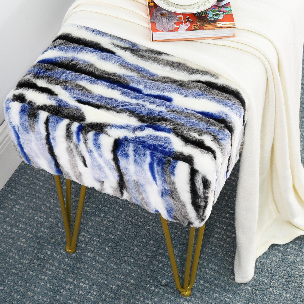 Multi Jacquard Faux Fur Ottoman, Blue, 46"x16"x7"