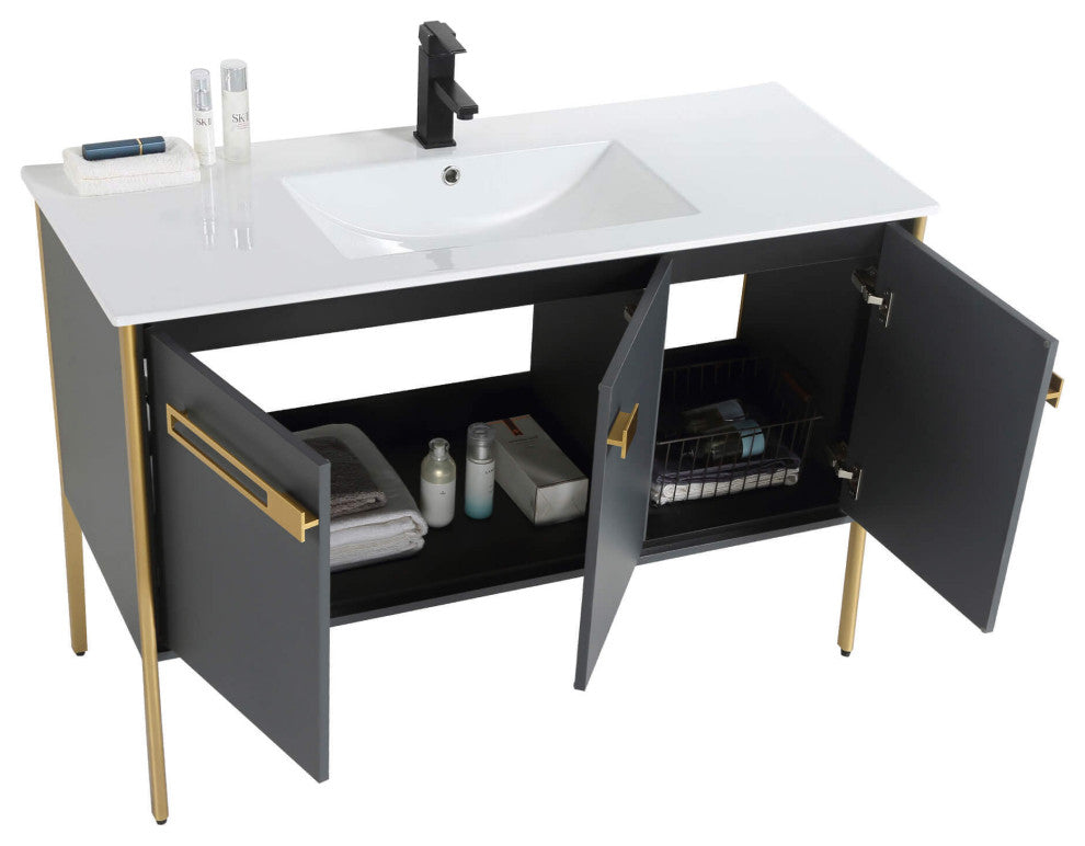 Oakville Bath Vanity, Ceramic Sink, Onix Grey, 48 Inch, Satin Brass Hardware