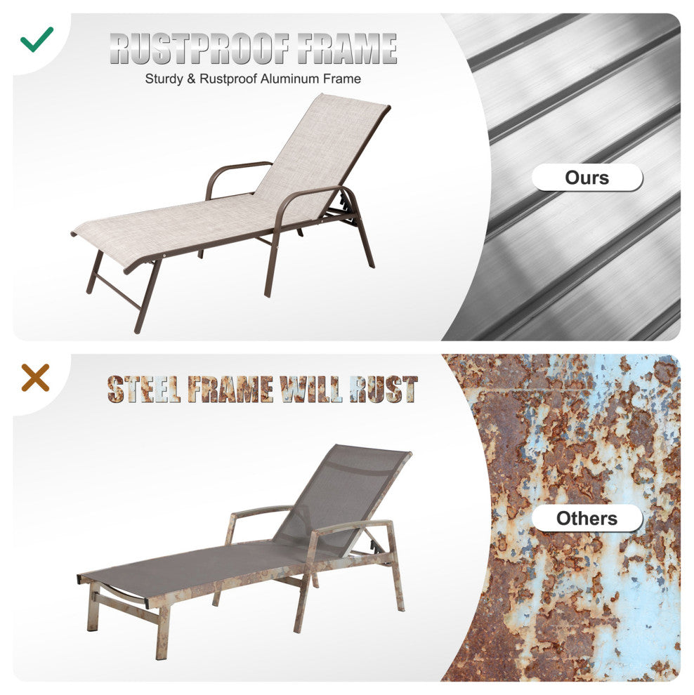 Aluminum Chaise Lounge Chair, Adjustable Outdoor Recliner, Beige
