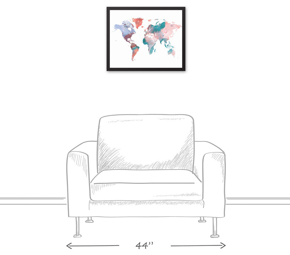 Jewel Tones World Map 16x20 Black Framed Canvas