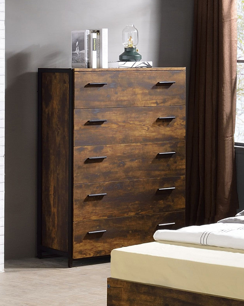 5 Drawers Wooden and Metal Chest, Rustic Oak and Black