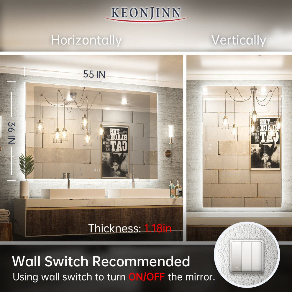 Backlit 3-Color LED Mirror for Bathroom, Anti-Fog Dimmable, 55x36