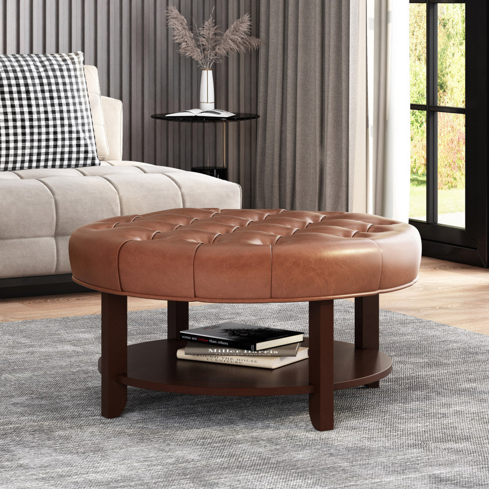Baynes Faux Leather Tufted Wood Round Ottoman, Open Shelf, Cognac + Espresso