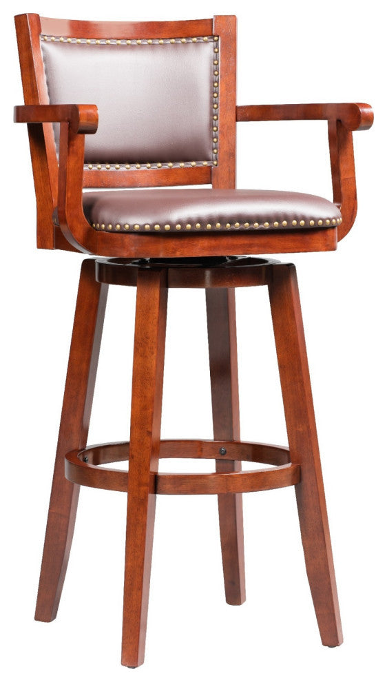 Hugo 34 Inch Swivel Barstool, Wood, Open Rolled Arms, Bonded Leather, Brown