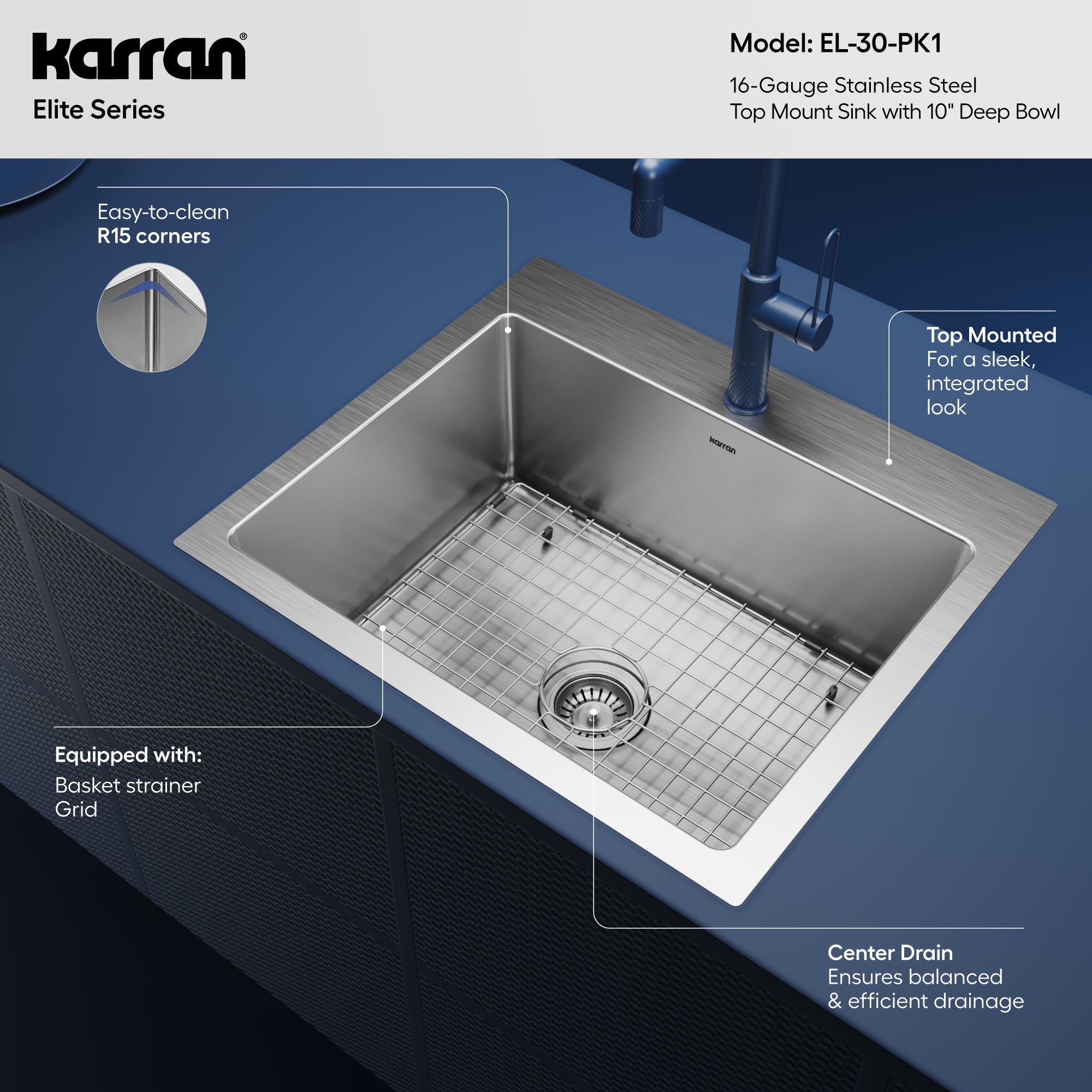 Karran Top Mount Stainless Steel 25" 16-Gauge Drop-In Single Bowl Sink Kit