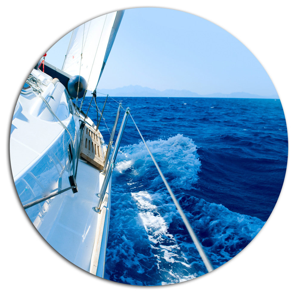 Tourism Yacht Sailing In Blue Sea, Seashore Disc Metal Wall Art, 38"