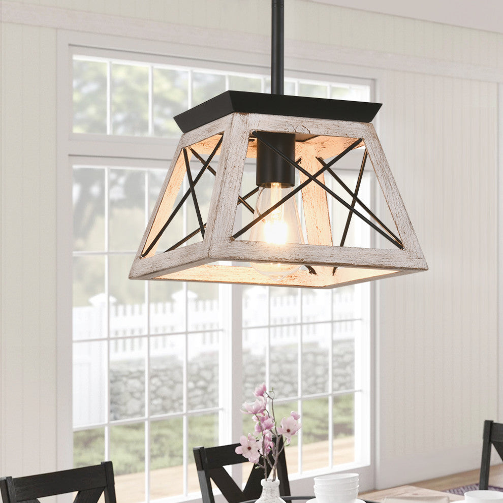 Rustic 1-Light Single Rectangle Pendant Light, White