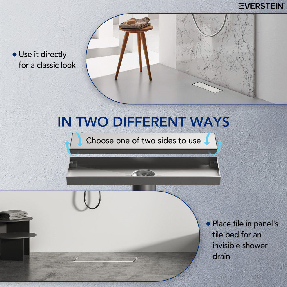 Linear Shower Drain with Hair Strainer and Reversible Tile Insert Cover, Brushed Nickel