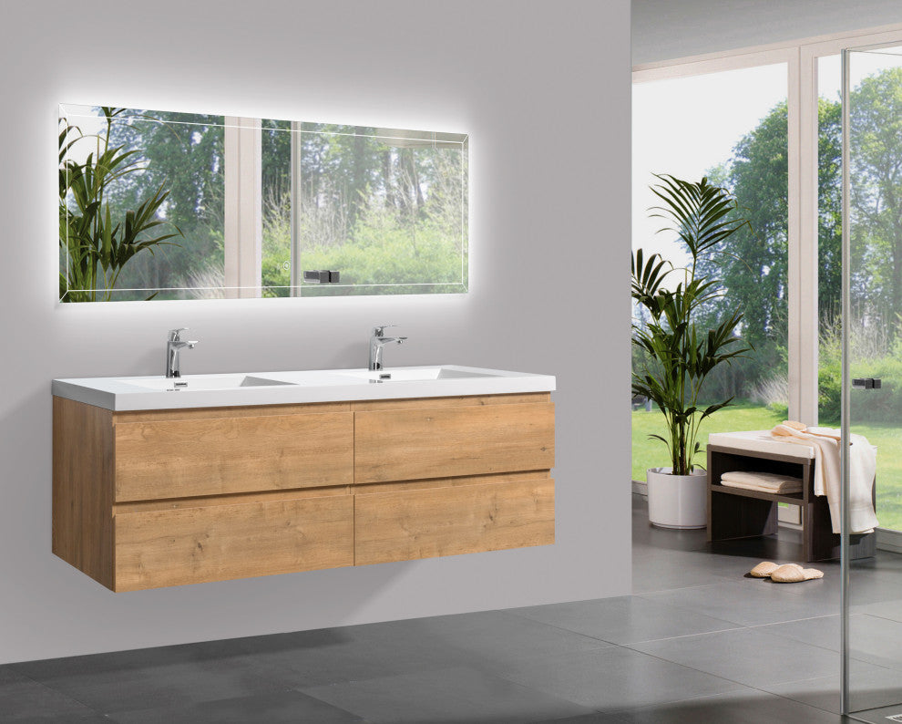 Alma-Pre 4 Drawers Wall Mount Vanity, Integrated White Sink, Natural Oak, 84