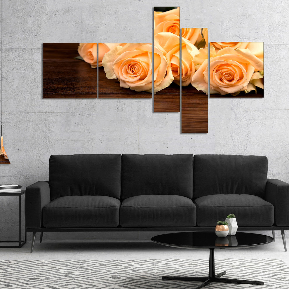 Roses on Wooden Surface Photo, Floral Canvas Art Print, 60"x32", 5 panels