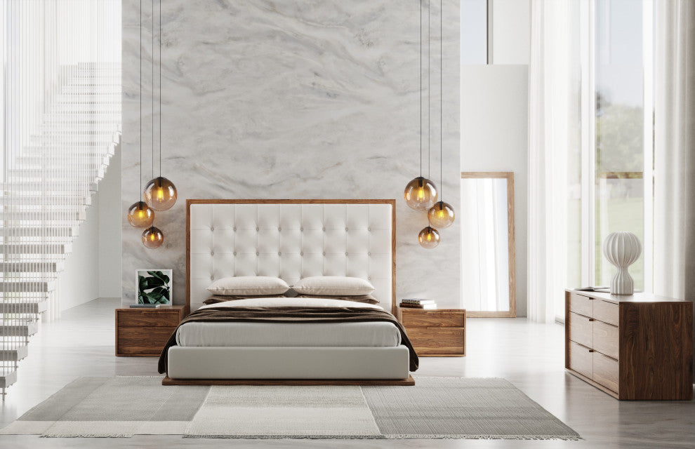 Modrest Amberlie White Vegan Leather and Walnut Bed, Queen