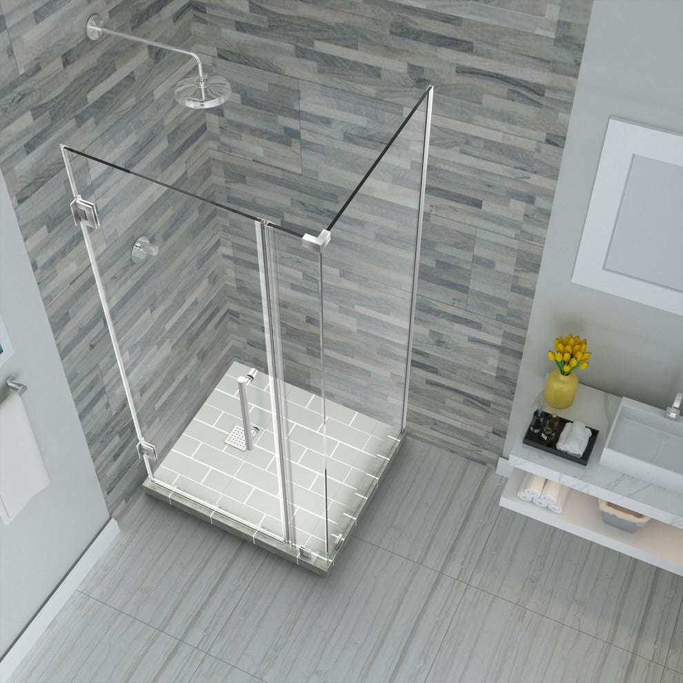 Bromley 29.25"-30.25"x32.375"x72" Frameless Corner Hinged Shower Enclosure