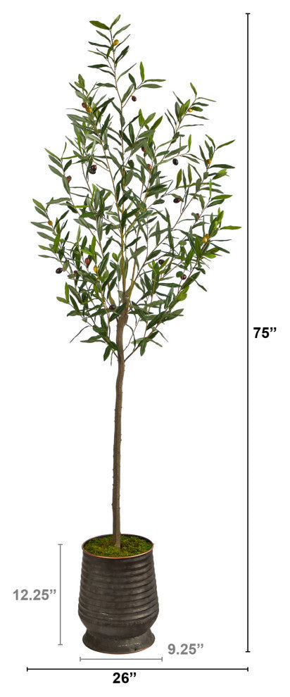 75" Olive Artificial Tree, Ribbed Metal Planter