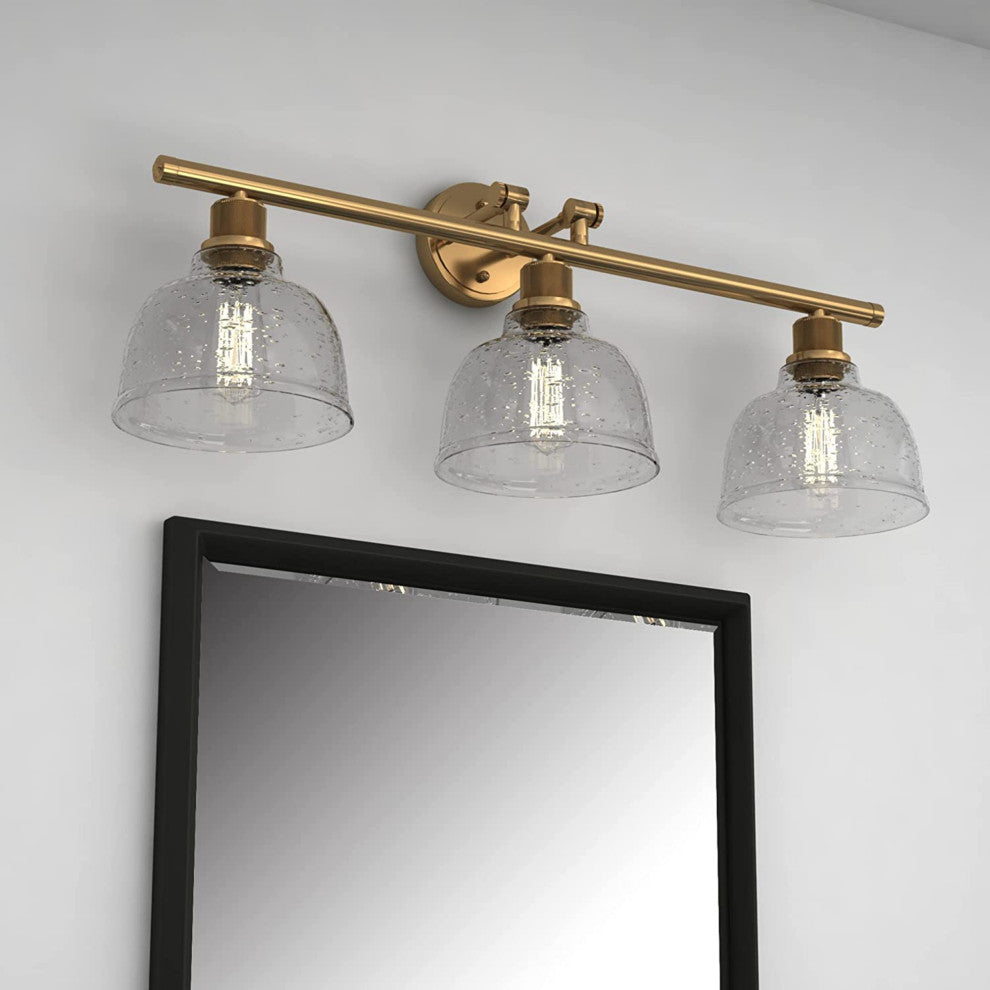 Light Vanity Light, Satin Gold With Clear Seedy Glass, Satin Gold, 3 Light