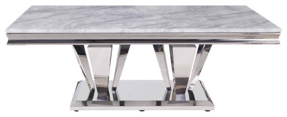 Satinka Coffee Table, Light Gray Printed Faux Marble and Mirrored Silver Finish