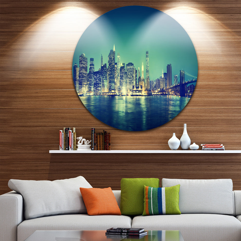 New York City Panorama Night Concept, Cityscape Disc Metal Artwork, 36"