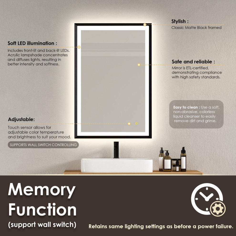 Apollo Anti-Fog Dimmable Vanity, LED Lighted Wall Mirror, Matte Black, 24"