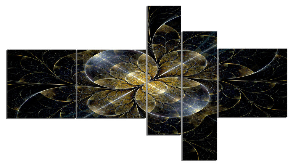 Symmetrical Golden Fractal Flower, Floral Canvas Art Print, 60"x32", 5 panels