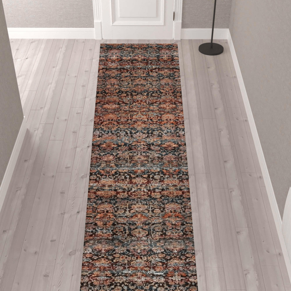 12' Runner Multi and Blue Abstract Power Loom Runner Rug