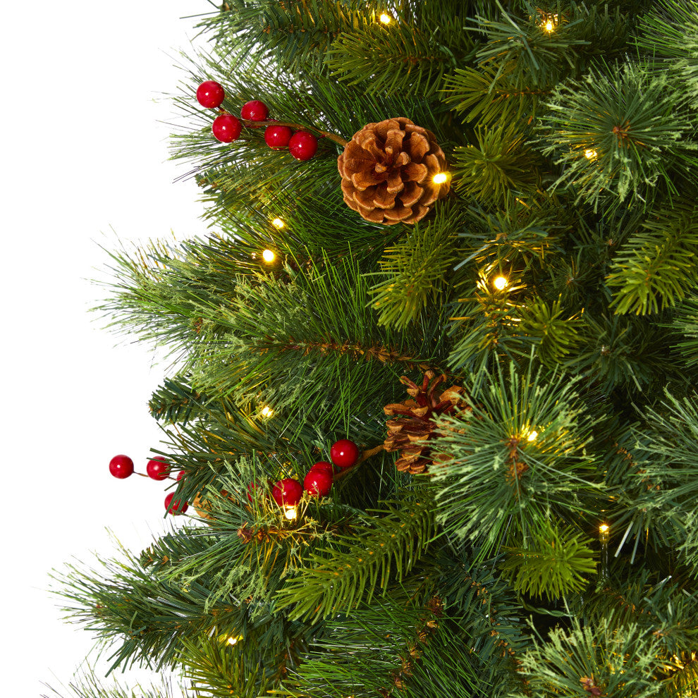 7' Aberdeen Spruce Faux Xmas Tree With 500 Clear Lights, Pinecones & Red Berries