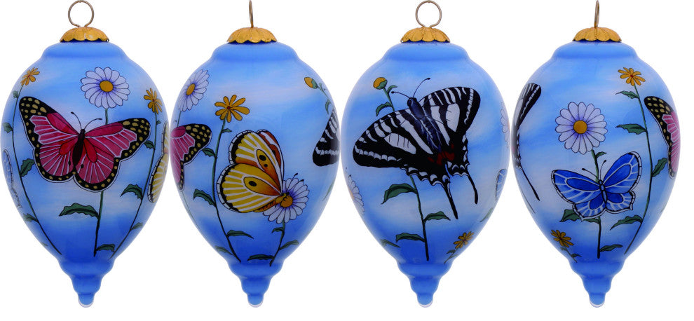 Vivid Garden Butterflies Hand Painted Mouth Blown Glass Ornament