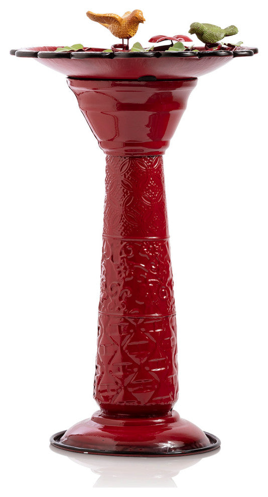 28" Tall Outdoor Metal Birdbath with Birds and Leaves Yard Statue, Red