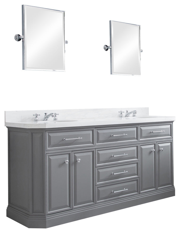 72" Palace Quartz Carrara Cashmere Gray Vanity With Hardware, Mirror