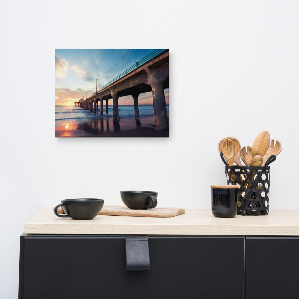 Tranquil Manhattan Beach Pier at Sunset Landscape Photo Canvas Wall Art Print, 12" X 16"