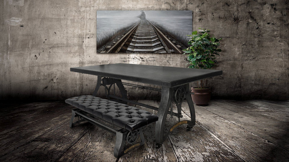 Crescent Industrial Dining Bench - Adjustable Iron Base - Black Leather Seat