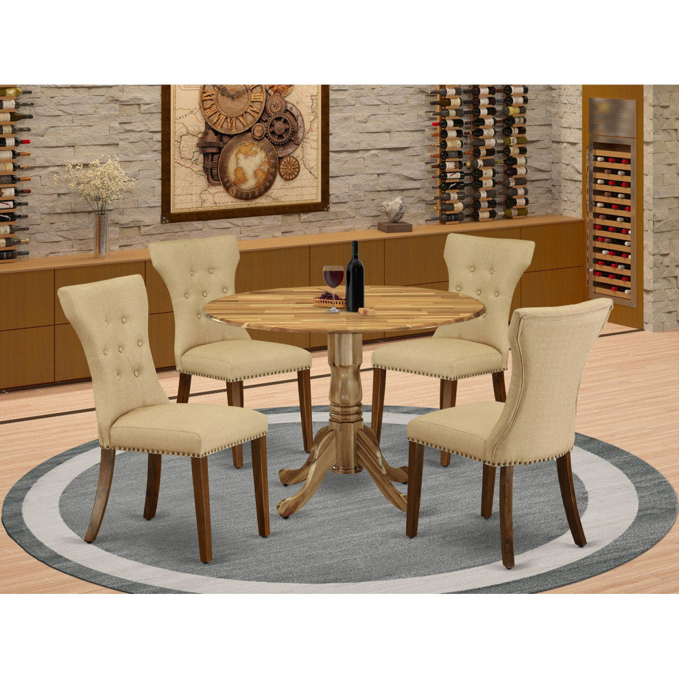 5Pc Round Kitchen Set, Table, 4 Chairs, Brown Parson Chairs Seat, Natural