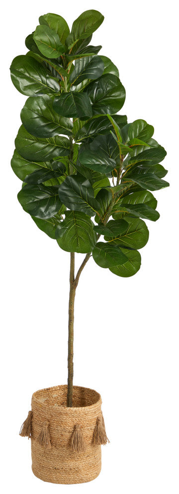 5.5' Fiddle Leaf Fig Artificial Tree, Handmade Natural Jute Planter With Tassels