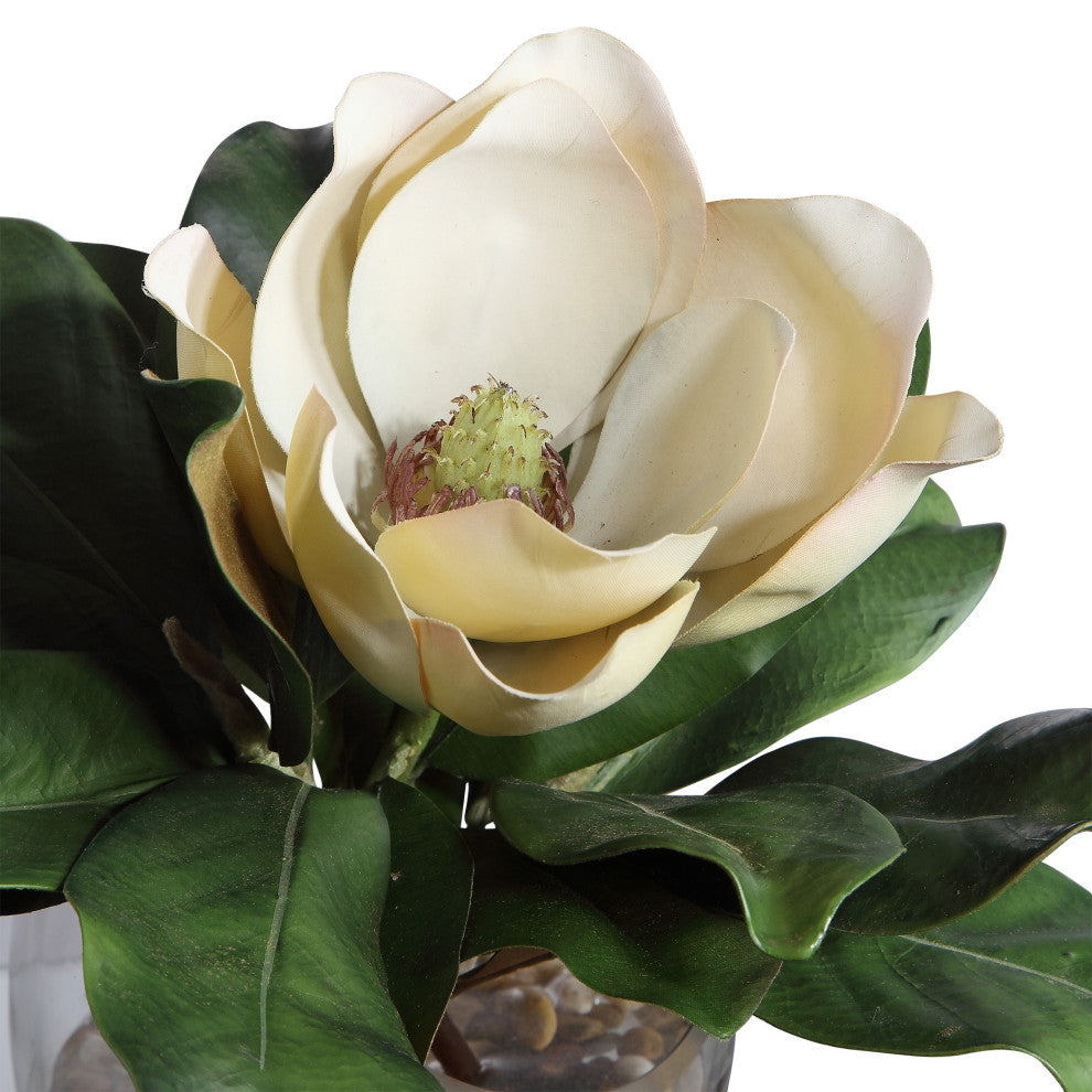 Large Southern White Magnolia Blossom Faux Floral Glass Vase