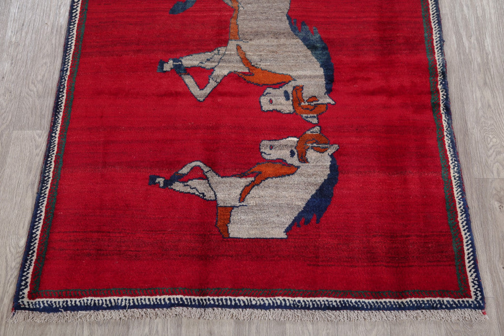 Vintage-Style Hand-Knotted Novelty Traditional Persian Area Rug, Red, 5'6"x4'2