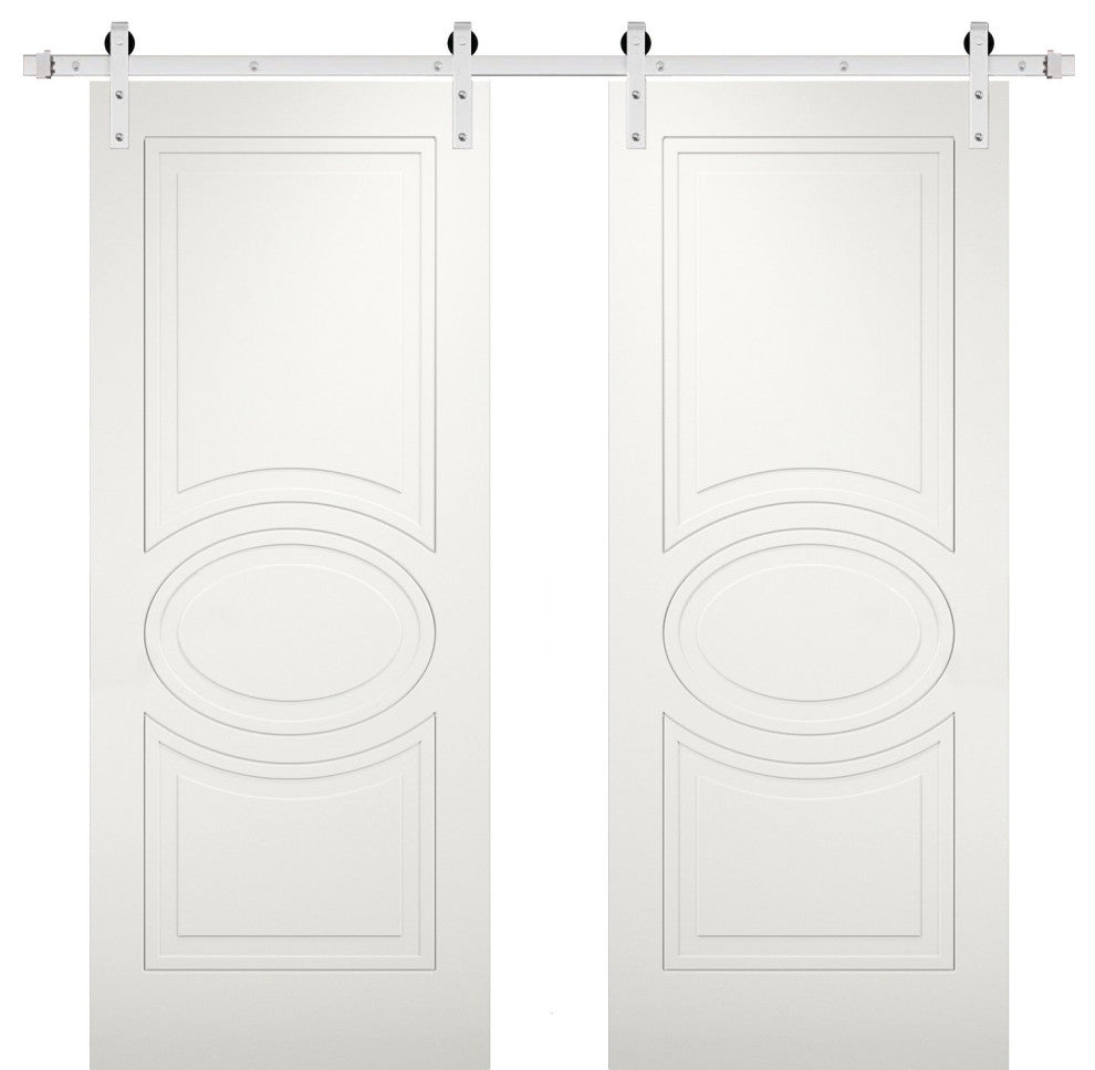 Double Barn Doors / Mela 7001 Matte White / Silver 13FT Rail, 64" X 84" ( 2* 32x84)