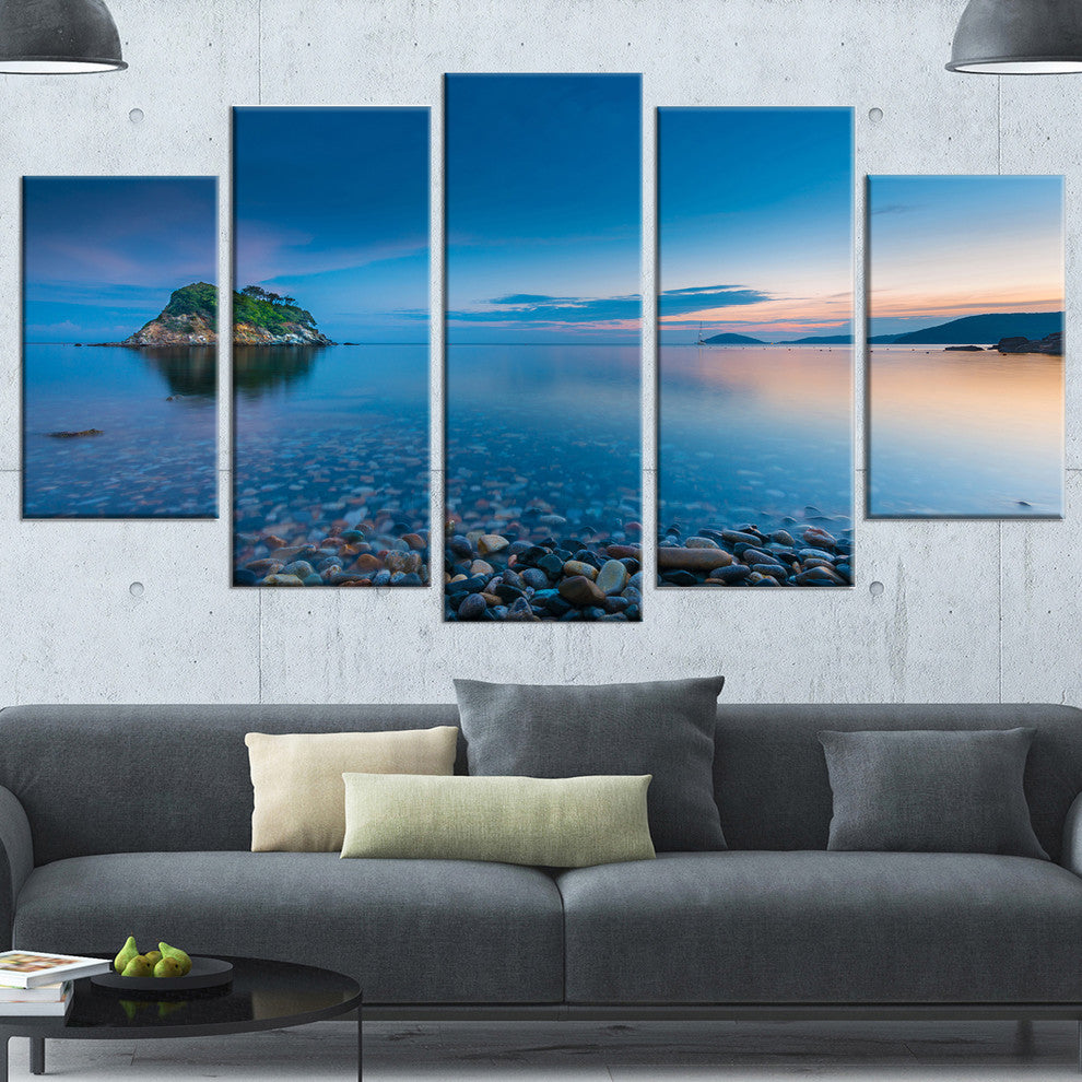 Green Isle at Stony Coast, Large Seashore Canvas Wall Art, 60"x32", 5 Panels